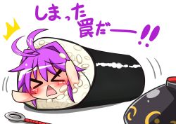 &gt;_&lt; 1girl :&lt; bowl chibi closed_eyes female_focus food hat in_food makizushi mini_person minigirl needle purple_hair rindou_(p41neko) solo sukuna_shinmyoumaru sushi touhou translation_request unworn_hat unworn_headwear