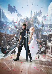 10s 1boy 1girl 3d aircraft airship armor black_dress black_jacket blonde_hair blue_sky boots castle city day dress dual_wielding final_fantasy final_fantasy_xv gun highres holding jacket looking_at_viewer lunafreya_nox_fleuret machine_gun noctis_lucis_caelum official_art petals photorealistic polearm realistic robot scenery sky square_enix sword trident water waterfall weapon white_dress