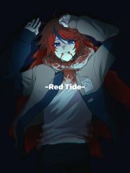 1boy ahoge arms_up black_background black_pants black_streaks blood blood_from_mouth blood_on_clothes blood_on_face blue_eyes blue_jacket chinese_commentary chromatic_aberration drawstring dying english_text from_above grey_jacket grin highres hood hoodie jacket male_focus multicolored_hair multicolored_jacket on_ground pants pool_of_blood red_hair roiko7010 short_hair slit_throat smile solo streaked_hair sumino_takumi sweat the_hundred_line_-last_defense_academy- two-tone_jacket white_hoodie
