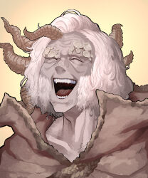 1boy :d ^_^ absurdres asymmetrical_horns brown_robe closed_eyes collarbone commentary_request ekrea_jan elden_ring highres horns male_focus margit_the_fell_omen multiple_horns open_mouth portrait robe rope short_hair simple_background smile solo teeth uneven_horns upper_body white_fur white_hair wrinkled_skin yellow_background