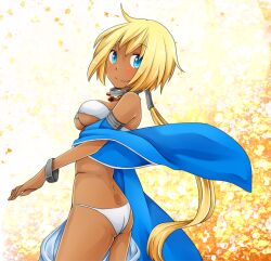 1girl alternate_color ass back bikini blonde_hair blue_eyes blue_sleeves blush breasts closed_mouth commentary_request cowboy_shot dark-skinned_female dark_skin detached_sleeves gypsy_(ragnarok_online) long_hair looking_at_viewer looking_to_the_side low_ponytail medium_breasts meiko_(nattu303) ponytail ragnarok_online smile solo swimsuit underboob very_long_hair white_bikini yellow_background