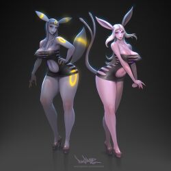 2girls animal_ears breasts dress espeon feet forehead_jewel forked_tail gen_2_pokemon grey_hair long_hair mole multiple_girls nail_polish nintendo patreon_username personification pinkdrawz pokemon pokemon_(creature) pokemon_tail purple_eyes purple_hair red_eyes smile standing tail tight_clothes umbreon