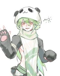1boy alternate_costume animal_costume animal_hands animal_hood aotu_world blush chinese_commentary clothing_cutout fang gloves green_hair hair_between_eyes hat highres hood long_hair looking_at_viewer macchiato_bi_guanzhong male_focus multicolored_eyes open_mouth panda_hood red_eyes scarf side_cutout simple_background smile solo white_background xander_(aotu_world) yellow_eyes
