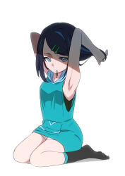 1girl absurdres armpits black_hair black_shirt black_socks blue_eyes blue_hair blue_hoodie closed_mouth commentary_request full_body hair_ornament hair_tie_in_mouth hairclip highres hood hoodie liko_(pokemon) looking_at_viewer mouth_hold multicolored_hair nintendo plus_ta pokemon pokemon_(anime) pokemon_horizons seiza shirt short_hair short_shorts shorts sitting sleeveless sleeveless_hoodie sleeveless_shirt socks solo two-tone_hair tying_hair white_background white_shorts