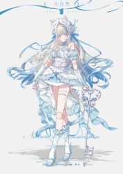 1girl absurdres animal_ears blonde_hair blue_eyes blue_hair boots cane cat_ears cat_tail daziran_ran_ran detached_sleeves doll_joints dress english_text frills full_body grey_background high_heels highres holding joints long_hair looking_at_viewer multicolored_hair original puffy_sleeves ribbon solo standing tail