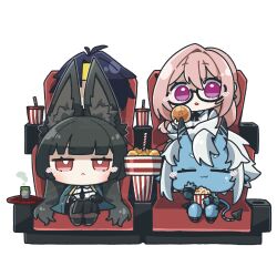1boy 3girls animal_ear_fluff animal_ears arikuigames1105 black_gloves black_hair black_pantyhose black_skirt blue_skin blunt_bangs blush chibi closed_mouth colored_skin eating food fox_ears fox_girl glasses gloves green_jacket high-waist_skirt highres horns hoshimi_miyabi jacket long_hair looking_at_viewer multiple_girls oni pantyhose pink_eyes pink_hair pointy_ears popcorn red_eyes shirt short_hair sidelocks simple_background sitting skirt tail white_shirt zenless_zone_zero