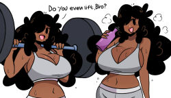 black_hair bro-girl dark-skinned_female dark_skin english_text exercising highres mole mole_under_eye murgoten sports_bra sweat weightlifting