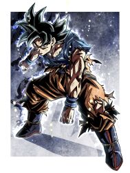 1boy aura black_hair border bruise bruise_on_arm bruise_on_face bruise_on_torso closed_mouth dougi dragon_ball dragon_ball_super frown full_body grey_eyes highres injury looking_at_viewer male_focus orange_pants outside_border pants shirt solo son_goku spiked_hair torn_clothes torn_pants torn_shirt ultra_instinct ushi_(akabec0) white_border wristband