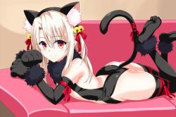 1girl animal_ears bare_shoulders black_leotard blush breasts cat_ears cat_tail fate/kaleid_liner_prisma_illya fate_(series) illyasviel_von_einzbern illyasviel_von_einzbern_(beast_style) ketsuryuukou leotard long_hair looking_at_viewer red_eyes small_breasts smile solo tail thighhighs white_hair