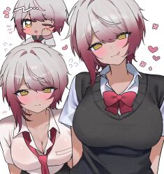 Rule 34 | 1girl, :p, :q, absurdres, black sweater vest, blush, bow, bowtie, breasts, brown hair, cleavage, closed mouth, collarbone, collared shirt, flying sweatdrops, gradient hair, grey hair, heart, highres, indie virtual youtuber, multicolored hair, necktie, red bow, red bowtie, red necktie, savii (vtuber), school uniform, shirt, short hair, short sleeves, sweater vest, tea 0je, tongue, tongue out, virtual youtuber, white shirt, yellow eyes