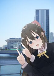 1girl absurdres black_jacket blue_eyes blue_sky blush brown_hair city commentary_request hair_ribbon highres jacket long_sleeves looking_at_viewer love_live! love_live!_nijigasaki_high_school_idol_club neck_ribbon nijigasaki_school_uniform open_mouth osaka_shizuku photo_background pointing red_hair red_ribbon ribbon school_uniform shirt sky smile solo tata_(tataice) white_shirt yellow_ribbon