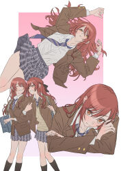 Rule 34 | 2girls, ^ ^, absurdres, bag, black skirt, black socks, blazer, blue necktie, blush, border, braid, brown hair, brown jacket, closed eyes, crossed arms, diagonal-striped clothes, diagonal-striped necktie, hair spread out, half up braid, highres, idolmaster, idolmaster shiny colors, jacket, kneehighs, locked arms, long hair, looking at viewer, multiple girls, multiple views, naga-agan, necktie, osaki amana, osaki tenka, plaid clothes, plaid skirt, pleated skirt, school bag, school uniform, shirt, siblings, simple background, sisters, skirt, smile, socks, striped clothes, twins, very long hair, white border, white shirt