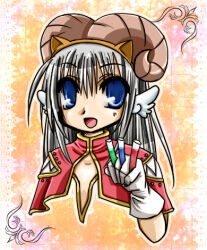 Rule 34 | 1girl, 2000s (style), :d, blue eyes, brown horns, cape, commentary request, creator (ragnarok online), fake horns, feathered wings, gloves, grey hair, head wings, holding, holding vial, horns, long hair, looking at viewer, lowres, open mouth, orange background, potion, ragnarok online, red cape, smile, solo, tomiya airu, upper body, vial, white gloves, white wings, wings