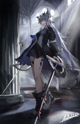1girl absurdres animal_ear_fluff animal_ears arch arknights artist_name az&#039;ruler black_boots black_capelet black_dress black_gloves black_jacket blood blood_on_clothes blood_on_ground bloody_weapon blue_eyes boots breasts buttons capelet column commentary crossed_legs dress dual_wielding full_body fur-trimmed_jacket fur_trim gloves grey_hair grey_tail grin hair_between_eyes hair_ornament hairclip heel_up highres holding holding_sword holding_weapon indoors jacket knees lappland_(arknights) lappland_(refined_horrormare)_(arknights) legs light_particles light_rays long_hair long_sleeves looking_at_viewer material_growth messy_hair official_alternate_costume open_clothes open_jacket oripathy_lesion_(arknights) parted_lips pillar pocket_watch scar scar_across_eye scar_on_face shade shadow sharp_teeth short_dress signature small_breasts smile solo standing sunbeam sunlight sword tail teeth torn_clothes torn_dress torn_jacket two-sided_fabric two-sided_jacket very_long_hair vest walking watch weapon white_vest wide_sleeves wolf_ears wolf_girl wolf_tail