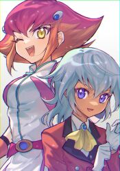 2girls breasts brown_hair dark-skinned_female dark_skin gloves grey_hair highres in-franchise_crossover jacket kouzuki_anna medium_breasts medium_hair multicolored_hair multiple_girls mutsuba_asana pentacle_dark pink_hair purple_eyes red_jacket simple_background trait_connection two-tone_hair upper_body white_background white_gloves yellow_eyes yu-gi-oh! yu-gi-oh!_sevens yu-gi-oh!_zexal