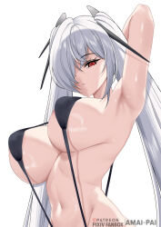 absurdres amai-pai arm_up armpits artist_name black_slingshot_swimsuit breasts cinderella_(nikke) closed_mouth commentary commentary_request english_commentary goddess_of_victory:_nikke hair_ornament hair_over_one_eye highres large_breasts long_hair looking_at_viewer mixed-language_commentary patreon_logo red_eyes simple_background slingshot_swimsuit swimsuit twintails upper_body white_background white_hair