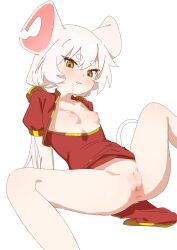 1girl absurdres animal_ears blush breast_cutout breasts china_dress chinese_clothes dress highres long_hair low_twintails mouse_ears mouse_girl mouse_girl_(wuju59) mouse_tail nipples no_panties original pussy red_dress small_breasts spread_legs tail thick_eyebrows twintails white_hair wuju59 yellow_eyes