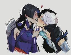 2girls armor black_hair black_jacket black_nails blue_eyeshadow blunt_ends blush breasts bridal_gauntlets choker closed_eyes closed_mouth collarbone colored_inner_hair commentary earrings english_commentary eyeshadow fingernails grey_choker grey_hair grey_tank_top hand_up heart highres imminent_kiss jacket jewelry leotard long_hair luna_snow makeup marvel marvel_rivals medium_breasts multicolored_hair multiple_girls nail_polish open_clothes open_jacket psylocke psylocke_(vengeance) puffy_short_sleeves puffy_sleeves purple_hair purple_leotard purple_lips short_sleeves shoulder_armor simple_background smerfols tank_top teeth two-tone_hair upper_body white_background x-men yuri