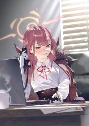 1girl aru_(blue_archive) window_blinds blue_archive blush coat coat_on_shoulders computer corded_phone cup demon_horns fur-trimmed_coat fur_trim gloves halo high-waist_skirt highres horns indoors karasu-san_(syh3iua83) laptop looking_down mug neck_ribbon phone pink_eyes pink_hair ribbon shirt sitting skirt solo steam sunlight sweatdrop talking_on_phone white_gloves white_shirt