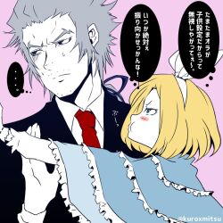 1boy 1girl age_difference annoyed blonde_hair blowing blue_eyes blue_ribbon blush_stickers capelet classicaloid eyelashes facial_hair frilled_capelet frills goatee_stubble hairband johann_sebastian_bach_(classicaloid) kuroxmitsu_kinako mustache_stubble necktie partially_colored pink_background pout pyotr_illyich_tchaikovsky_(classicaloid) red_necktie ribbon short_hair speech_bubble stubble thought_bubble translation_request white_hairband