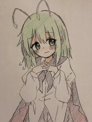 1girl antennae black_cape blush cape closed_mouth collared_shirt commentary flying_sweatdrops green_eyes green_hair highres interlocked_fingers long_sleeves own_hands_together red_cape shirt solo touhou traditional_media two-sided_cape two-sided_fabric wavy_mouth white_shirt wriggle_nightbug zeppachi