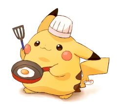 artist_name brown_eyes chef_hat closed_mouth commentary_request egg_(food) fat_pikachu food fried_egg frying_pan gen_1_pokemon hat holding holding_frying_pan holding_spatula mimix nintendo no_humans pikachu pokemon pokemon_(creature) simple_background smile solo spatula tail white_background