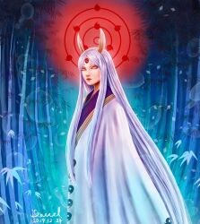 1girl 2019 byakugan closed_mouth colored_skin commentary dated grey_eyes highres horns japanese_clothes lips lipstick long_hair lunabow magatama makeup naruto_(series) naruto_shippuuden ootsutsuki_kaguya red_eyes red_lips rinne_sharingan short_eyebrows solo standing third_eye very_long_hair white_hair wide_sleeves