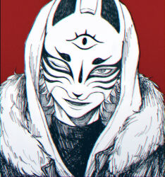 1boy absurdres commentary_request fox_mask fur_trim highres hood hood_up looking_at_viewer lower_teeth_only male_focus mask monochrome moxamog one_eye_closed open_mouth original portrait red_background shirt short_hair simple_background slit_pupils solo teeth