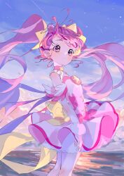 1girl absurdres ahoge back_bow bow brooch choker cloud cowboy_shot cure_star dawn detached_sleeves floating_hair hair_ornament highres hoshina_hikaru jewelry leotard light_smile long_hair magical_girl ocean outdoors petticoat pink_eyes pink_hair pink_leotard pink_skirt pleated_skirt precure seika_(yuimarutoka0219) skirt sky solo star_(symbol) star_brooch star_hair_ornament star_twinkle_precure twintails very_long_hair wrist_cuffs yellow_bow