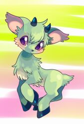 Rule 34 | choko (sweetpocket), closed mouth, commentary request, creature, creature focus, dot mouth, full body, goat, green fur, hooves, horns, ixi (neopets), light blush, looking to the side, neopet (creature), neopets, no humans, purple eyes, small horns, solo, standing