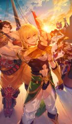 2girls 6+boys abs achilles_(fate) androgynous apollo_(fate) argonauts_(fate) arm_guards armlet armor atlantis_(fate/grand_order) barrel bartholomew_roberts_(fate) belt black_flower black_gloves black_hair black_hat black_leotard black_sash black_vest blonde_hair blue_sky boat boots breasts brown_belt brown_boots brown_eyes brown_hair bulge cape charlotte_corday_(fate) closed_mouth clothing_cutout cloud commentary dark-skinned_male dark_skin diffraction_spikes dress dress_flower dutch_angle elbow_gloves fate/grand_order fate_(series) figure_four_sitting fingerless_gloves flower gloves gold_armlet gold_armor green_cape green_eyes green_hair hair_between_eyes hand_on_headwear hat holding holding_polearm holding_weapon jason_(fate) jewelry kodama_(wa-ka-me) large_breasts leg_armor leotard looking_at_viewer male_focus mandricardo_(fate) mast medium_hair mochizuki_chiyome_(fate) multicolored_hair multiple_boys multiple_girls muscular muscular_male navel navel_cutout official_art on_barrel on_boat on_head open_mouth orange_pants pants paris_(fate) pointing polearm red_gloves red_pants sailboat sash sheep shield shield_on_back shirt short_hair shoulder_armor shoulder_sash sitting sky smile spear squatting standing stuffed_animal stuffed_toy sun sunlight sunset super_orion_(fate) teeth thick_eyebrows thigh_cutout third-party_source toned toned_male topless_male two-tone_hair vest waist_cape watercraft weapon white_dress white_hair white_pants white_shirt