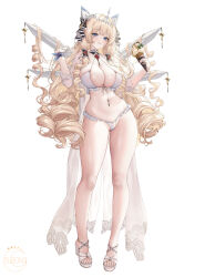 1girl absurdres animal_ears artist_name bikini blonde_hair blue_eyes blush breasts cleavage commentary crown_(nikke) drill_hair fake_animal_ears food frilled_bikini frills full_body goddess_of_victory:_nikke halterneck hands_up headgear highres holding holding_food holding_ice_cream holding_ice_cream_cone ice_cream ice_cream_cone large_breasts long_hair looking_at_viewer mechanical_ears multiple_scoops navel_piercing piercing sandals simple_background skindentation smile solo standing subong swimsuit thighs toes too_many_drills very_long_hair white_background white_bikini white_sandals