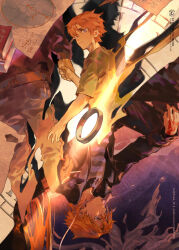 belt black_coat black_pants book brown_belt coat command_spell daybit_sem_void fate/grand_order fate_(series) father_and_son hand_on_own_knee hand_rest highres holding_hands horizontal-striped_clothes jewelry kalak_39 looking_back male_focus map orange_hair pants paper ring rotational_symmetry shadow shirt sitting striped_clothes striped_shirt t-shirt trench_coat white_pants