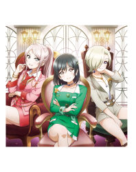 Rule 34 | 3girls, ahoge, artbook, belt, blonde hair, blue eyes, chair, crossed arms, crossed legs, earrings, formal clothes, green hair, hair over one eye, highres, jacket, jewelry, long hair, looking at viewer, love live!, love live! nijigasaki high school idol club, mia taylor, mifune shioriko, multiple girls, necklace, necktie, non-web source, official art, pink hair, ponytail, purple eyes, red eyes, red necktie, short hair, sitting, skirt, smile, suit, swept bangs, zhong lanzhu