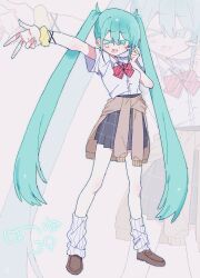 &gt;_o 1girl blue_eyes blue_hair blush_stickers bow bowtie bracelet clothes_around_waist collared_shirt colored_eyelashes ear_piercing full_body gyaru_v hatsune_miku highres jewelry long_hair loose_socks nail_polish nial one_eye_closed open_mouth piercing pleated_skirt school_uniform scrunchie shirt short_sleeves skirt smile socks solo striped_bow striped_bowtie striped_clothes sweater sweater_around_waist triple_ryuunen twintails v very_long_hair vocaloid wrist_scrunchie zoom_layer