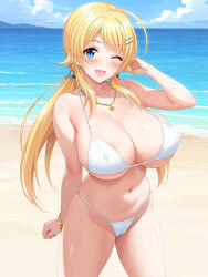 1girl absurdres arm_up beach bikini blonde_hair blue_eyes blue_sky blush bracelet breasts cameltoe commission covered_erect_nipples cygnus_(cygnus7) hachimiya_meguru hair_ornament hairclip highres idolmaster idolmaster_shiny_colors jewelry large_breasts long_hair looking_at_viewer navel necklace ocean one_eye_closed open_mouth outdoors pixiv_commission sky smile solo swimsuit twintails white_bikini