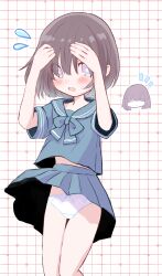 Rule 34 | 1girl, blue bow, blue bowtie, blue eyes, blue serafuku, blue skirt, blush, bow, bow panties, bowtie, bright pupils, brown hair, commentary request, commission, cowboy shot, d:, doodle inset, flying sweatdrops, grid background, hair over eyes, hands on own head, highres, looking at viewer, midriff peek, notice lines, open mouth, original, panties, picot trim panties, pixiv commission, pleated skirt, red background, red ribbon, ribbon, sarada (meaf3748), school uniform, serafuku, short hair, short sleeves, shy, skirt, solo, sweatdrop, tucking hair, underwear, white background, white panties, white pupils, wind, wind lift