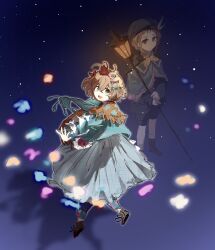 2girls :d absurdres ahoge ankle_boots belt beret blue_background blue_bow blue_cloak blue_dress blue_eyes blue_hat blue_jacket blue_pants blue_scarf blue_shorts boots bow brown_belt brown_hair cloak dress fading flutterpage full_body hair_bow hat highres holding_lamp jacket lamplighter_(reverse:1999) lamppost light_particles long_dress looking_at_viewer multiple_girls multiple_hair_bows open_mouth orange_scarf pants pants_under_dress red_bow reverse:1999 scarf shadow short_hair shorts smile standing two-tone_scarf zhanling_zhouliu