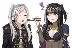 2girls ao_saryaruhu armlet arms_at_sides black_bra black_eyes black_hair black_nails blush bodysuit bra bracelet breasts brown_eyes chopsticks cleavage clenched_hand cloak closed_eyes collar collarbone eyelashes feeding female_focus female_robin_(fire_emblem) fingernails fire_emblem fire_emblem_awakening hand_up happy heart hime_cut holding holding_chopsticks hood hooded_coat jewelry large_breasts long_hair long_sleeves looking_at_another lots_of_jewelry medium_breasts multiple_girls nail_polish navel neck nervous_sweating open_mouth see-through_bodysuit see-through_clothes shirt short_twintails sidelocks simple_background sleeveless sleeveless_shirt smile standing stomach sweat swept_bangs tharja_(fire_emblem) tiara twintails underwear upper_body white_background white_hair yuri