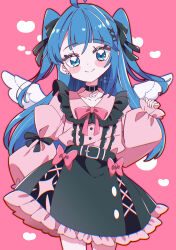 1girl absurdres ahoge alternate_costume alternate_hair_length alternate_hairstyle angel_wings animal_collar artist_name black_collar black_ribbon black_skirt bow bow_skirt bowtie closed_mouth collar commentary cowboy_shot cut_bangs earrings frilled_shirt frilled_skirt frills hair_ornament hair_ribbon heart high-waist_skirt highres hirogaru_sky!_precure jewelry jirai_kei long_sleeves looking_at_viewer pink_background pink_bow pink_bowtie pink_shirt pixiv_username potacure precure ribbon shirt signature skirt sleeves_past_wrists smile solo sora_harewataru standing stud_earrings twitter_username two_side_up wings x_hair_ornament