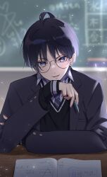 1boy 5656hayururi absurdres alternate_costume arm_support bespectacled black_hair black_jacket black_sleeves black_sweater blunt_ends blurry board_eraser book breast_pocket bright_pupils chalkboard collared_shirt cowlick crystal_eye curled_fingers depth_of_field desk ear_piercing genshin_impact glass glasses hair_intakes hand_on_own_arm highres holding holding_pen jacket lapels layered_sleeves light_blush long_sleeves looking_at_viewer male_focus math necktie notebook on_desk open_clothes open_jacket parted_bangs parted_lips pen piercing pocket purple_eyes purple_necktie round_eyewear scaramouche_(genshin_impact) school_desk shirt sitting smile solo striped_necktie suit_jacket sweater tongue undershirt white_pupils white_shirt white_trim white_undershirt