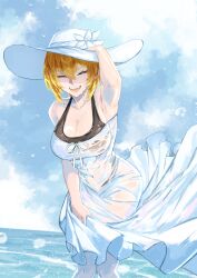 1girl absurdres bikini black_bikini blonde_hair breasts cleavage closed_eyes cloud cloudy_sky collarbone commentary covered_navel day dress english_commentary goddess_of_victory:_nikke hair_between_eyes hat highres kkaijju knees_together_feet_apart large_breasts maxwell_(nikke) medium_hair ocean outdoors sky solo standing sun_hat sundress swimsuit teeth tongue wet white_dress white_hat