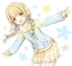 Rule 34 | 1girl, :d, blonde hair, blue bow, blue jacket, blue ribbon, blush, bow, braid, brown eyes, commentary request, fang, floral background, frilled skirt, frills, fujita kotone, gakuen idolmaster, hair bow, hair over shoulder, highres, idolmaster, jacket, leaning forward, long sleeves, looking at viewer, low twintails, nanase miori, open mouth, outstretched arms, plaid clothes, plaid sailor collar, plaid skirt, puffy long sleeves, puffy sleeves, ribbon, sailor collar, shirt, simple background, skirt, sleeves past wrists, smile, solo, spread arms, twin braids, twintails, white background, white shirt, yellow sailor collar, yellow skirt