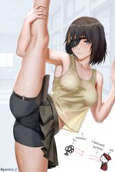 Rule 34 | 1boy, 1girl, armpit focus, assault rifle, black eyes, black pants, black skirt, blunt bangs, breasts, brown hair, closed mouth, collarbone, commander (girls&#039; frontline), commission, dgkamikaze, electric fan, eyepatch, girls&#039; frontline, griffin &amp; kryuger military uniform, gun, hand on own thigh, hat, highres, jacket, looking at viewer, m16, m16a1, m16a1 (girls&#039; frontline), multicolored hair, pants, red hat, red jacket, rifle, scar, scar across eye, scar on face, skirt, sleeveless, split, standing, standing on one leg, standing split, sweat, tank top, weapon, yellow tank top