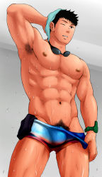 1boy abs armpit_hair armpits bara bulge drying drying_hair feet_out_of_frame from_below goggles goggles_around_neck groin hand_up highres large_pectorals male_focus male_pubic_hair male_swimwear_pull muscular muscular_male navel nipples obliques original pectorals pubic_hair pulling_own_clothes short_hair sideburns solo stomach thick_thighs thighs topless_male unplugged_line wet