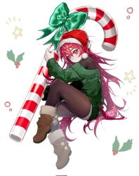 1girl black_pantyhose black_shirt boots candy candy_cane christmas dandruff denim denim_shorts flaky_(happy_tree_friends) food fur-trimmed_boots fur_trim green_ribbon green_sweater happy_tree_friends hat mary_felizola mistletoe off-shoulder_sweater off_shoulder pantyhose personification pom_pom_(clothes) red_eyes red_hair ribbon santa_hat shirt shorts star_(symbol) sweater white_background