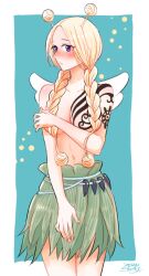 1girl angel_wings antenna_hair aqua_background blush border braided_twintails breasts cleavage conis_(one_piece) cowboy_shot expressionless grass_skirt medium_breasts navel one_piece purple_eyes shina_(ooo417ooo) solo tattoo topless_female white_border white_wings wings