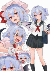 ... 1girl :d aged_down alternate_costume alternate_hairstyle ascot baby bag bat_wings black_sailor_collar black_skirt black_socks blue_hair blush collared_shirt commentary_request contemporary fang gotou_(nekocat) hair_between_eyes hat highres kneehighs looking_at_viewer medium_hair mob_cap multiple_views neckerchief one_side_up open_mouth pacifier pink_hat pink_shirt pleated_skirt pointy_ears puffy_short_sleeves puffy_sleeves red_ascot red_eyes red_neckerchief remilia_scarlet sailor_collar school_bag school_uniform serafuku shirt short_sleeves simple_background skin_fang skirt smile socks touhou white_background white_shirt wings wrist_cuffs