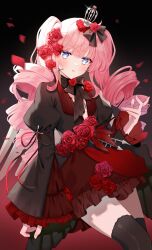 1girl absurdres black_dress black_thighhighs blue_eyes bright_pupils commission cowboy_shot dress drill_hair flower frilled_sleeves frills highres juliet_sleeves long_hair long_sleeves original parted_lips pink_hair puffy_sleeves rose skeb_commission solo star-shaped_pupils star_(symbol) symbol-shaped_pupils thighhighs twin_drills white_pupils wide_sleeves yoi_sc