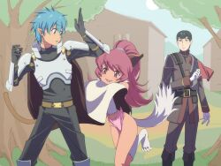 1girl 2boys :d animal_ears animal_hands armor blue_eyes blue_hair cat_ears cat_tail closed_mouth gloves highres kaien_advance leotard long_hair multiple_boys official_style open_mouth perisie_(star_ocean) pink_hair pointy_ears ponytail roddick_farrence ronyx_j._kenny smile star_ocean star_ocean_first_departure tail tree